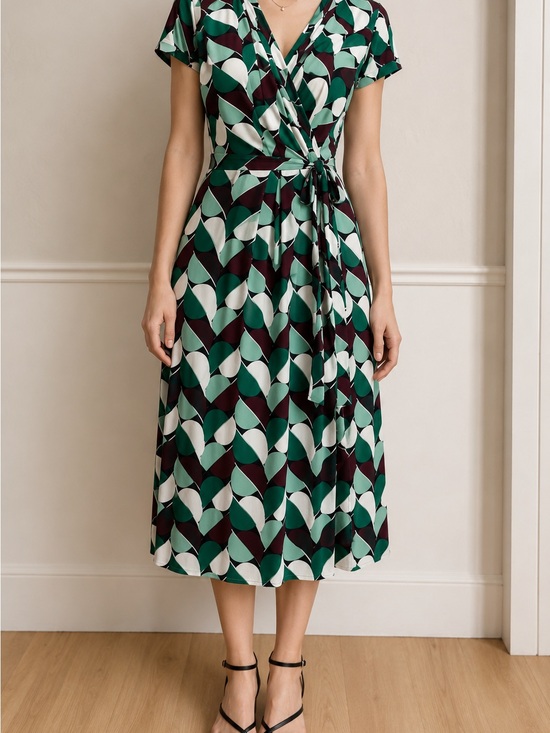 Ann Taylor Dresses & Skirts - Ann Taylor Green, White and Dark Teal Geometric Wrap Midi Dress
